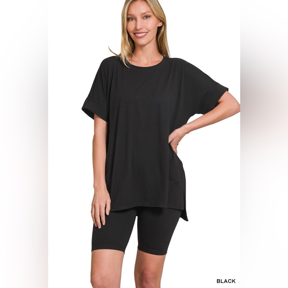 Zenana Brushed Dty Microfiber Round Neck Top and Biker Shorts Set